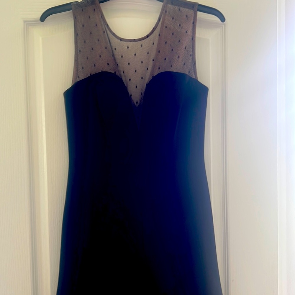 BCBG black cocktail dress with polka dot tulle top, flare bottom size 2.